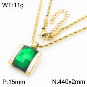 Green crystal glass square diamond studded gold stainless steel necklace - KN287707-GC