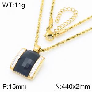 Black crystal glass square diamond studded gold stainless steel necklace - KN287708-GC