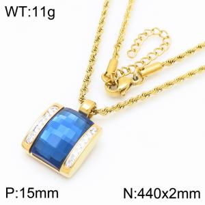 Blue crystal glass square diamond studded gold stainless steel necklace - KN287709-GC