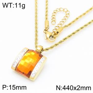 Champagne Orange Crystal Glass Square Diamond Set Gold Stainless Steel Necklace - KN287710-GC