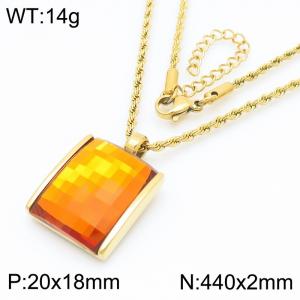 Champagne Orange crystal glass Square Pendant Gold Stainless Steel Necklace - KN287711-GC