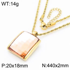 Champagne colored crystal glass square pendant gold stainless steel necklace - KN287713-GC