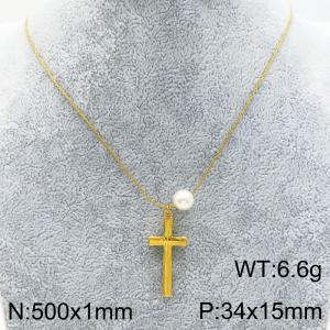 50cm Cross Stainless Steel Pearl Women's Gold - KN288206-Z