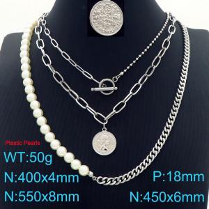 Round Stainless Steel Pearl Pendant Necklace Women's Silver - KN288219-Z