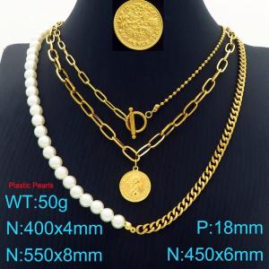 Round Stainless Steel Pearl Pendant Necklace Women's Gold - KN288220-Z