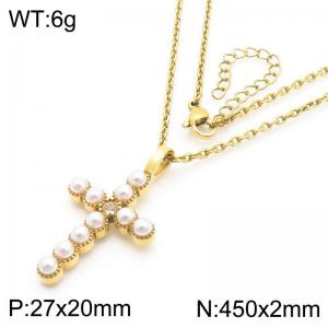 Wholesale 18K Gold Plated Stainless Steel Charm Jewelry Imitation Cross Pearl Pendant Necklaces - KN288316-GC