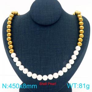 Simple stainless steel 8mm gold steel ball splicing pearl necklace design sweater collarbone chain - KN288620-Z