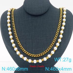 Fashionable and personalized stainless steel pearl necklace and Cuban necklace double layered layered necklace - KN288738-Z