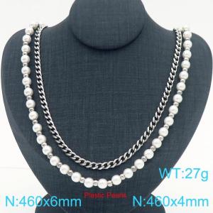 Fashionable and personalized stainless steel pearl necklace and Cuban necklace double layered layered necklace - KN288739-Z