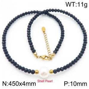 Black Beaded Chain Shell Pearl Necklace for Women Gold Color Stainless Steel Jewelry - KN288818-Z