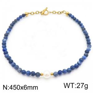 Stainless steel OT buckle bead Natural blue patterned beads, shell pearls, gold necklace - KN288820-Z