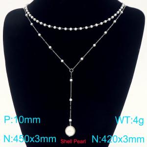 Round Beads Stainless Steel Necklace for Women Shell Pearl Charm Double Chain Trendy Jewelry - KN289074-Z