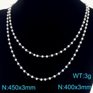 Round Pearl Beads Stainless Steel Necklace for Women Double Chain Trendy Jewelry - KN289077-Z