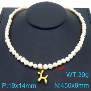 fresh water pearl necklace stainless steel gold balloon small dog pendant  - KN289087-Z