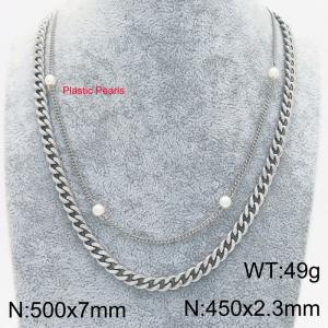 Stainless steel imitation pearl double-layer necklace - KN289128-Z