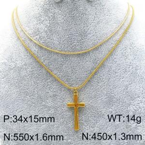 Stainless Steel Double Chain Cross Charm Necklace for Women Gold Color Trend Jewelry - KN289317-Z