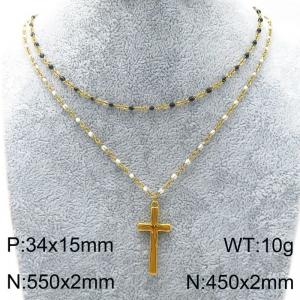 Stainless Steel Double Drip Bead Chain Cross Charm Necklace for Women Gold Color Trend Jewelry - KN289319-Z