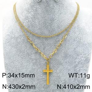 Stainless Steel Double Chain Cross Charm Necklace for Women Gold Color Trend Jewelry - KN289321-Z