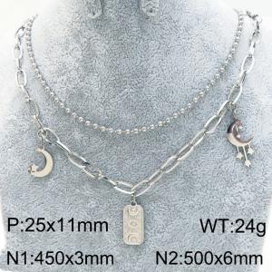 Double Chain Moon Square Tag Charm Necklace for Women Stainless Steel Jewelry - KN289330-Z