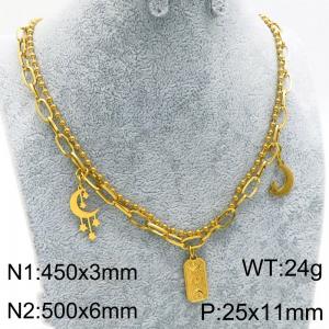 Double Chain Moon Square Tag Charm Necklace for Women Gold Color Stainless Steel Jewelry - KN289331-Z