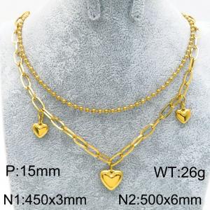 Double Chain Heart Charm Necklace for Women Gold Color Stainless Steel Jewelry - KN289335-Z