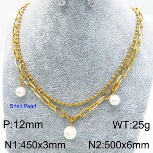 Double Chain Shell Pearl Charm Necklace for Women Gold Color Stainless Steel Jewelry - KN289336-Z