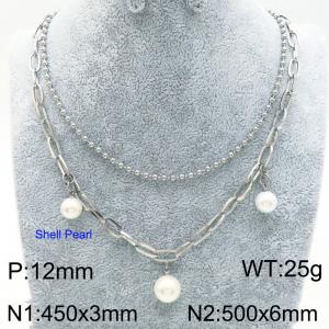 Double Chain Shell Pearl Charm Necklace for Women Stainless Steel Jewelry - KN289337-Z