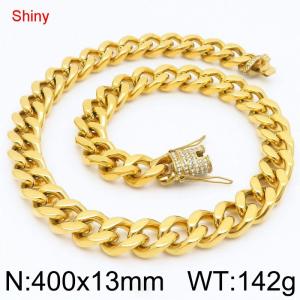 Simple and stylish polished stainless steel 13mm diamond studded faucet buckle with four sided polished Cuban chain 40cm necklace - KN289415-Z