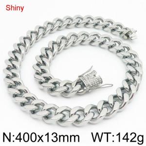 Simple and stylish polished stainless steel 13mm diamond studded faucet buckle with four sided polished Cuban chain 40cm necklace - KN289417-Z