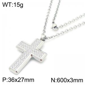 European and American fashion personality stainless steel creative inlaid with diamond cross pendant charm silver necklace - KN290279-GC