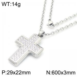 European and American fashion stainless steel creative O-shaped chain hanging full diamond cross pendant charm silver necklace - KN290523-GC