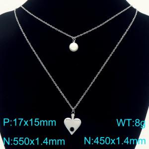 Stainless Steel Necklace Double Chain With Heart Pendant Silver Color - KN291902-Z