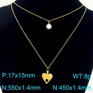 Stainless Steel Necklace Double Chain With Heart Pendant Gold Color - KN291903-Z