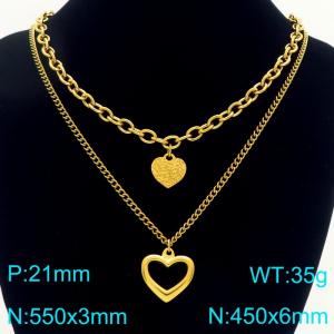 Stainless Steel Necklace Double Chain With Heart Pendant Gold Color - KN291934-Z