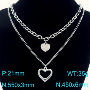 Stainless Steel Necklace Double Chain With Heart Pendant Silver Color - KN291935-Z
