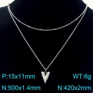 Stainless Steel Necklace Double Chain With Heart Pendant Silver Color - KN291936-Z