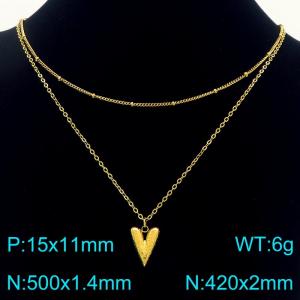 Stainless Steel Necklace Double Chain With Heart Pendant Gold Color - KN291937-Z