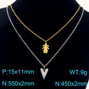 Stainless Steel Necklace Double Chain With Girl&Heart Pendant Silver Gold Color - KN291940-Z