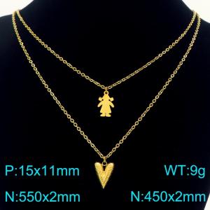 Stainless Steel Necklace Double Chain With Girl&Heart Pendant Gold Color - KN291941-Z