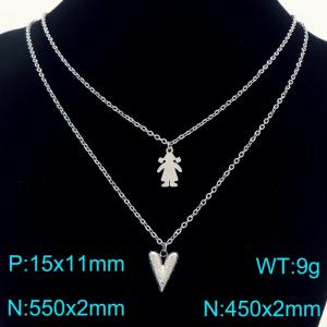 Stainless Steel Necklace Double Chain With Girl&Heart Pendant Silver Color - KN291942-Z