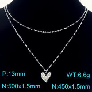 Stainless Steel Necklace Double Chain With Heart Pendant Silver Color - KN291943-Z
