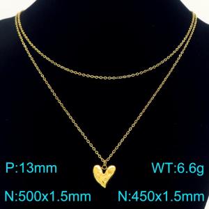 Stainless Steel Necklace Double Chain With Heart Pendant Gold Color - KN291944-Z