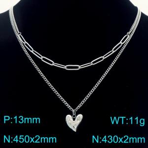 Stainless Steel Necklace Double Chain With Heart Pendant Silver Color - KN291947-Z