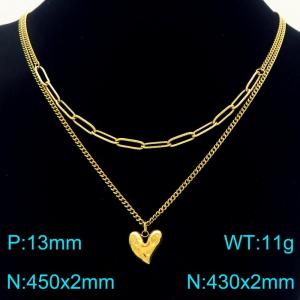 Stainless Steel Necklace Double Chain With Heart Pendant Gold Color - KN291948-Z