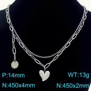 Stainless Steel Necklace Double Chain With Heart Pendant Silver Color - KN291949-Z