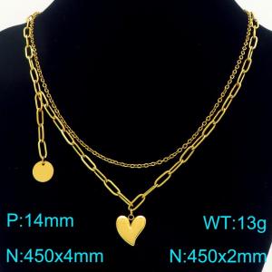 Stainless Steel Necklace Double Chain With Heart Pendant Gold Color - KN291950-Z