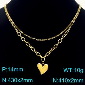 Stainless Steel Necklace Double Chain With Heart Pendant Gold Color - KN291952-Z