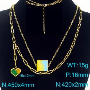 Personalized design stainless steel double-layer layered necklace with color blocking blocks and heart-shaped pendant - KN293285-Z
