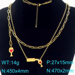 Fashionable stainless steel double-layer layered necklace paired with red wine bottle and high footed glass pendant - KN293306-Z