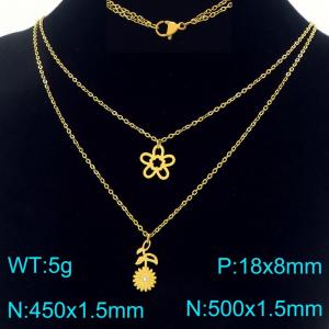 Fashionable stainless steel double layered necklace paired with floral and daisy pendant - KN293316-Z